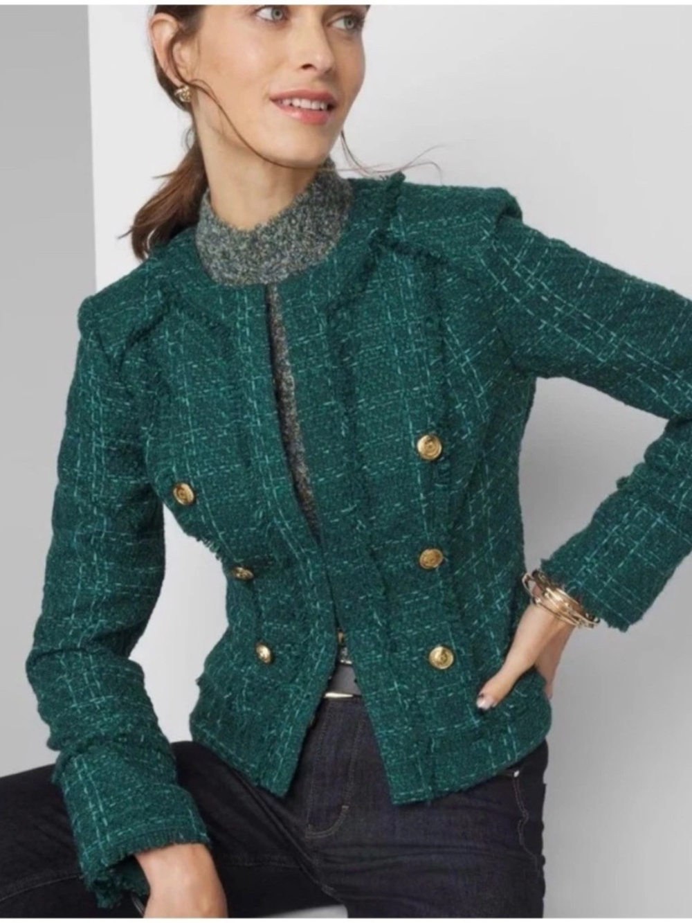 White House Black Market Teal Green Cutaway Tweed Jacket Size 12 Chic Timeless